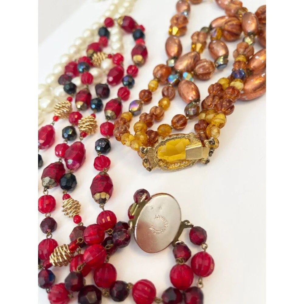 Vintage Necklace Lot Beaded Faux Pearl Amber Red Statement Retro Jewelry 4